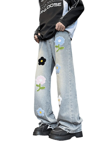 Aidase 2024 American Embroidered Jeans Men's Summer Loose Straight Leg Trendy Brand High Street Wide Leg Vintage Long Pants Befree aidase-shop